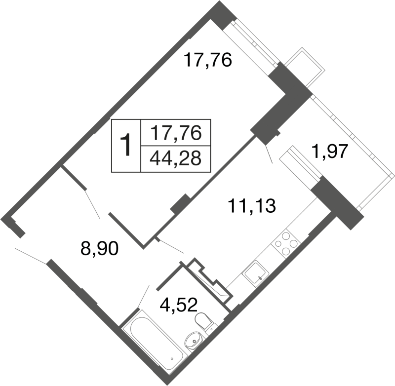 1 ккв 44,3 м²