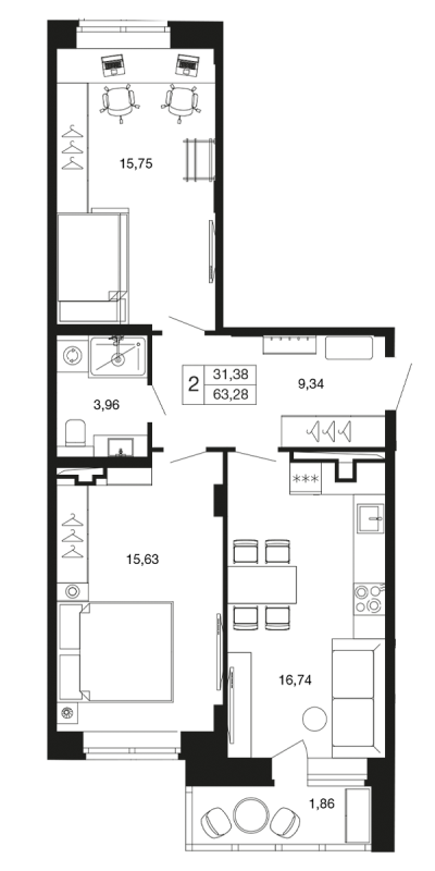 3 ккв (Евро) 63,3 м²