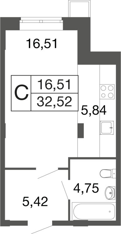 Студия 32,5 м²