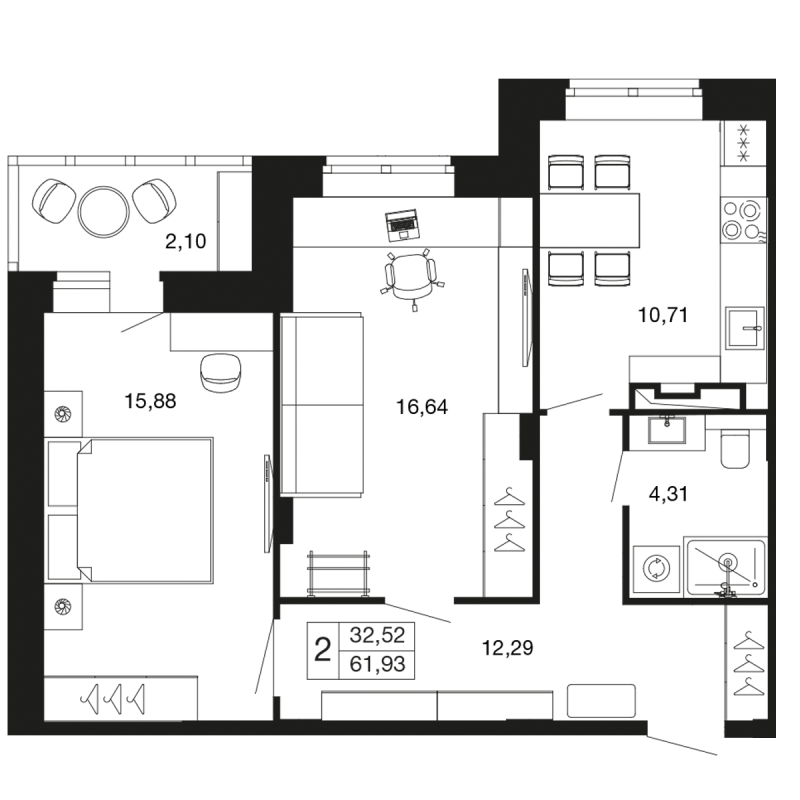 2 ккв 61,9 м²