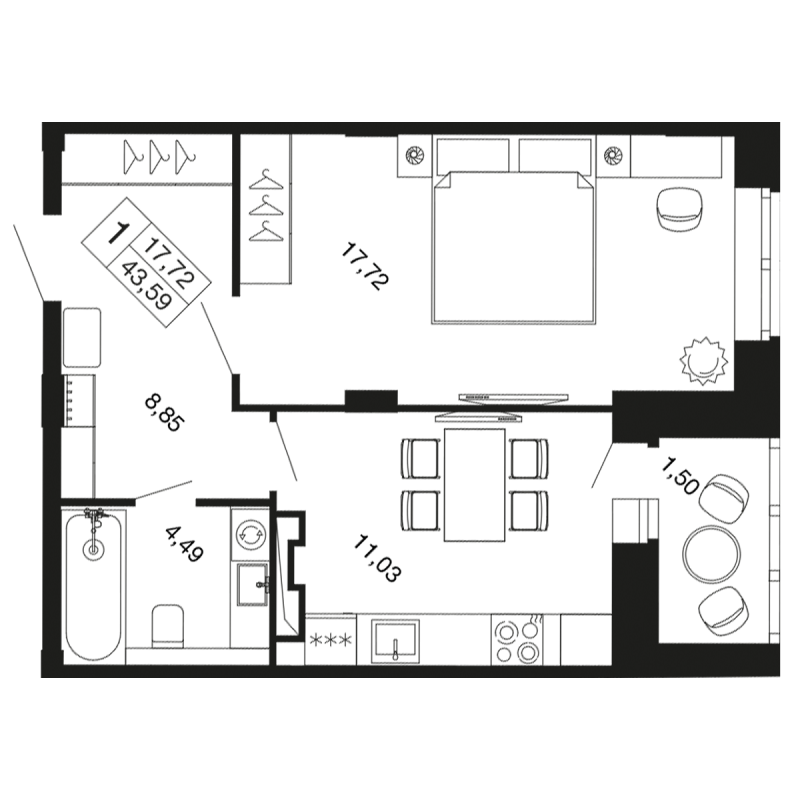 1 ккв 43,6 м²