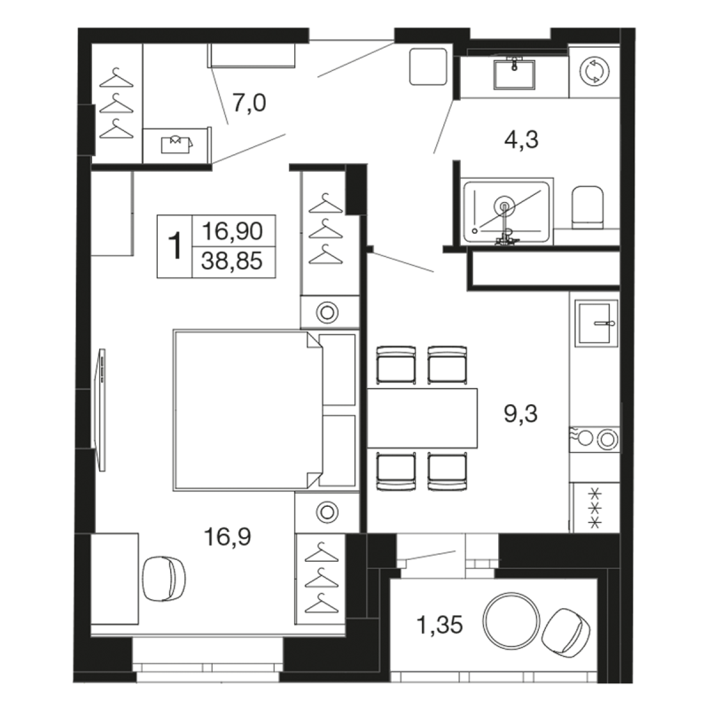 1 ккв 38,9 м²