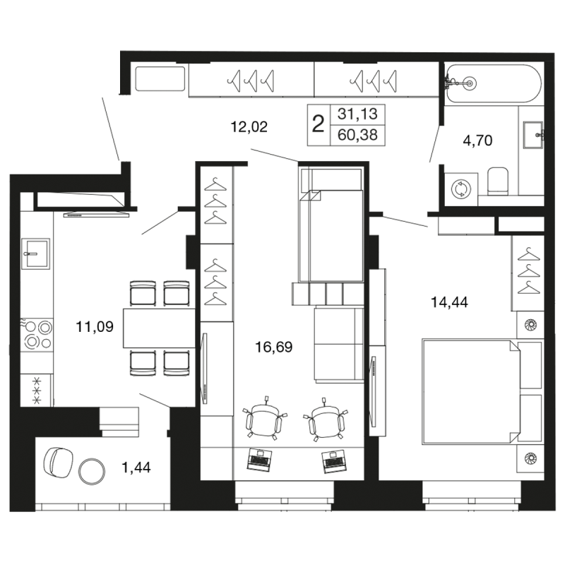 2 ккв 60,3 м²
