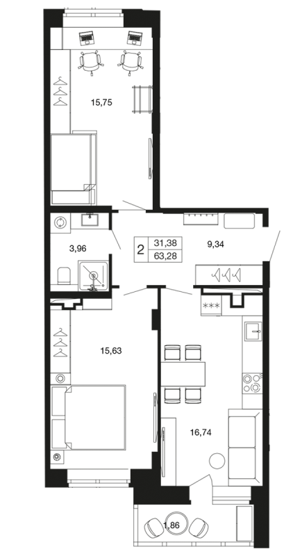 3 ккв (Евро) 63,3 м²