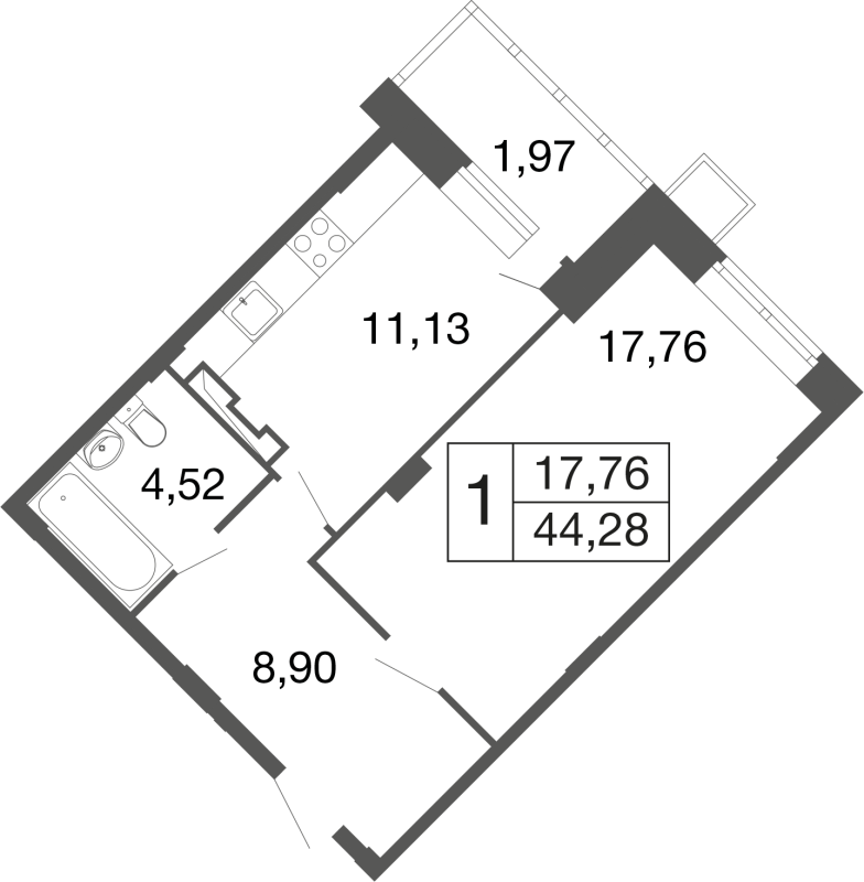 1 ккв 44,3 м²