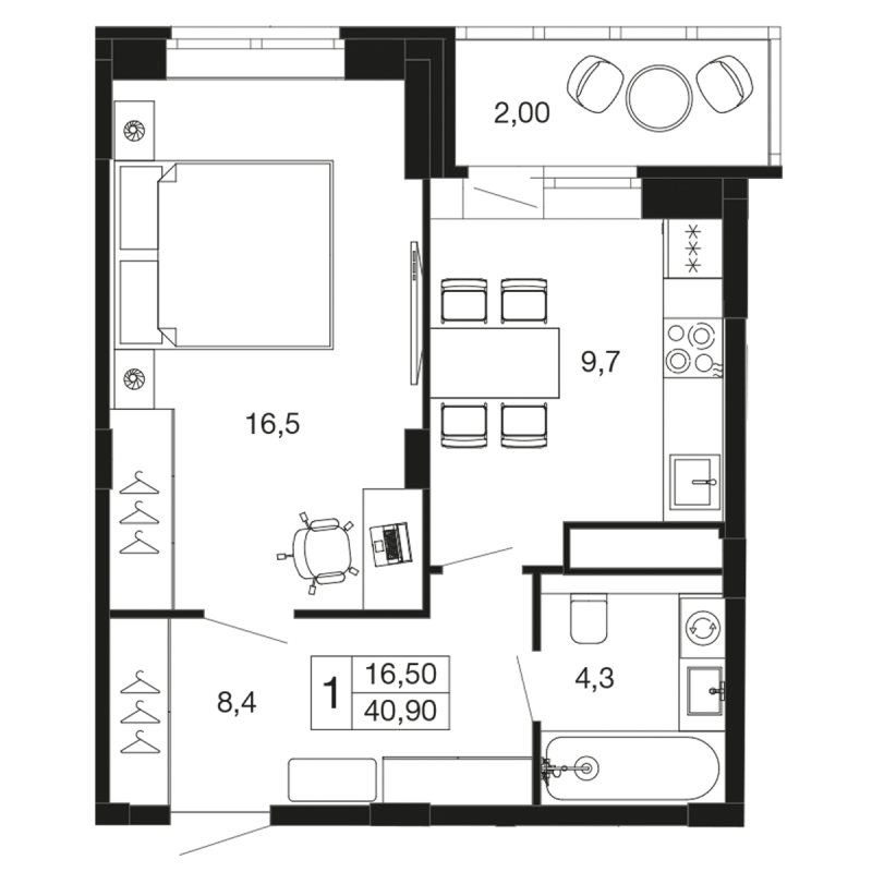 1 ккв 40,9 м²