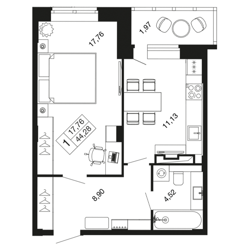 1 ккв 44,3 м²