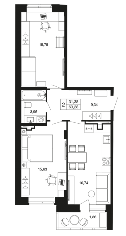 2 ккв 63,3 м²