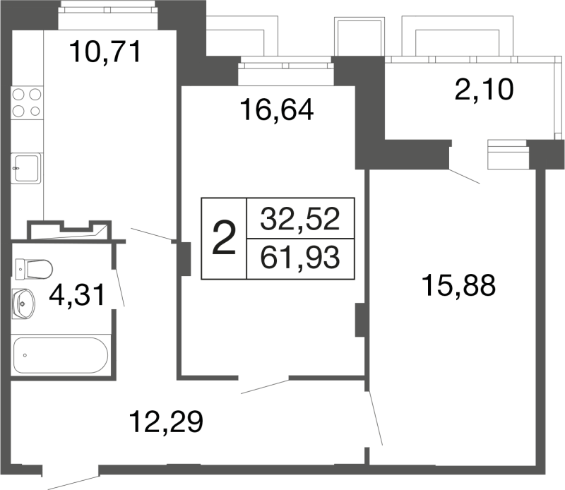 2 ккв 61,9 м²