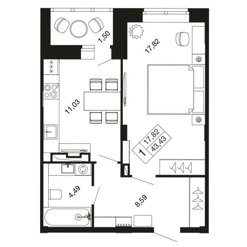 1 ккв 43,4 м²