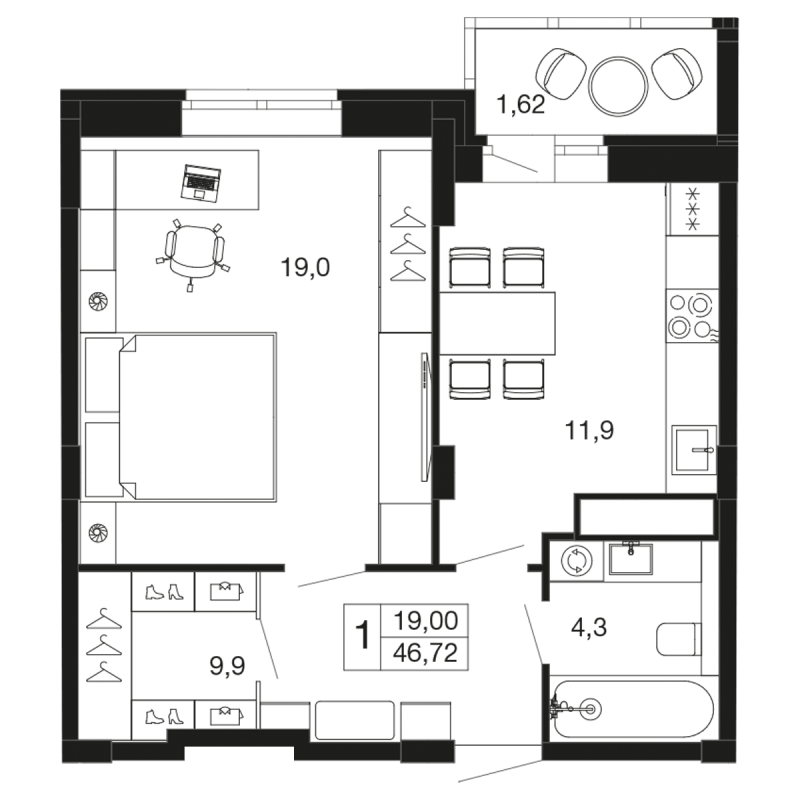 1 ккв 46,7 м²