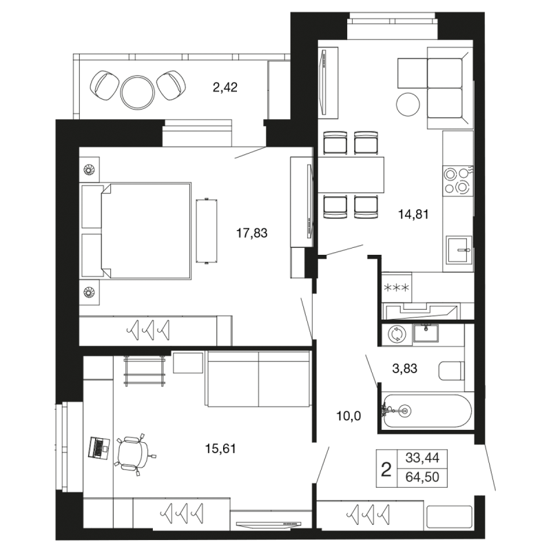 2 ккв 64,5 м²