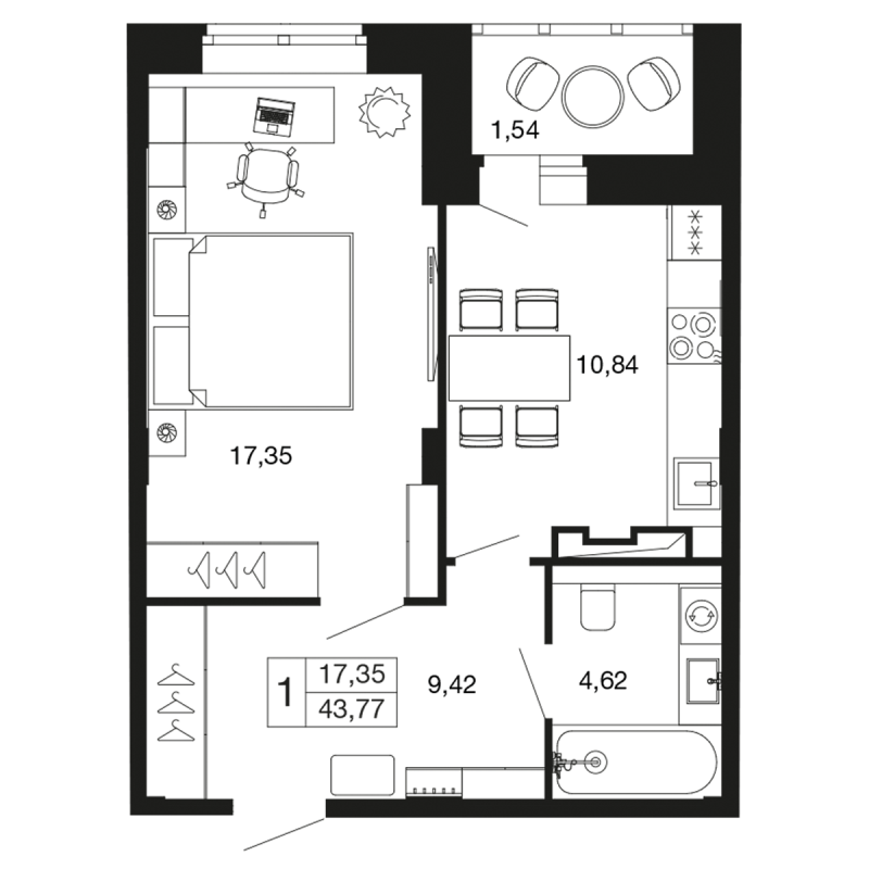 1 ккв 43,7 м²