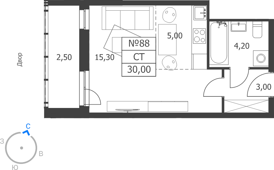 Студия 30 м²