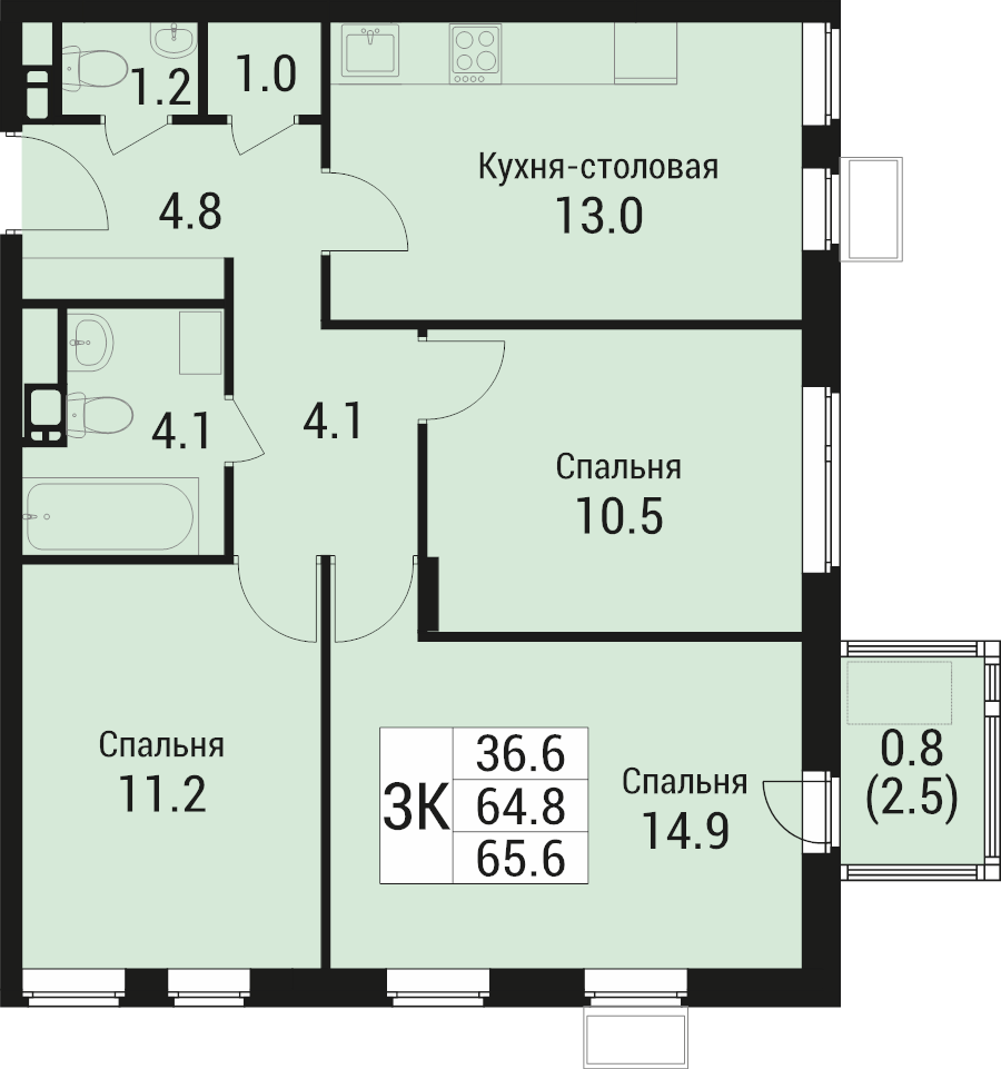 3 ккв 65,6 м²