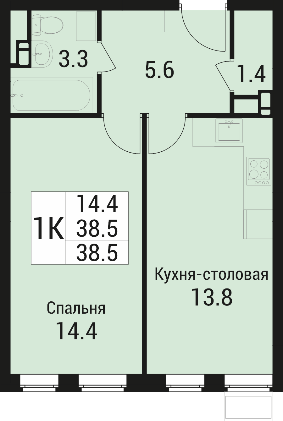 1 ккв 38,5 м²