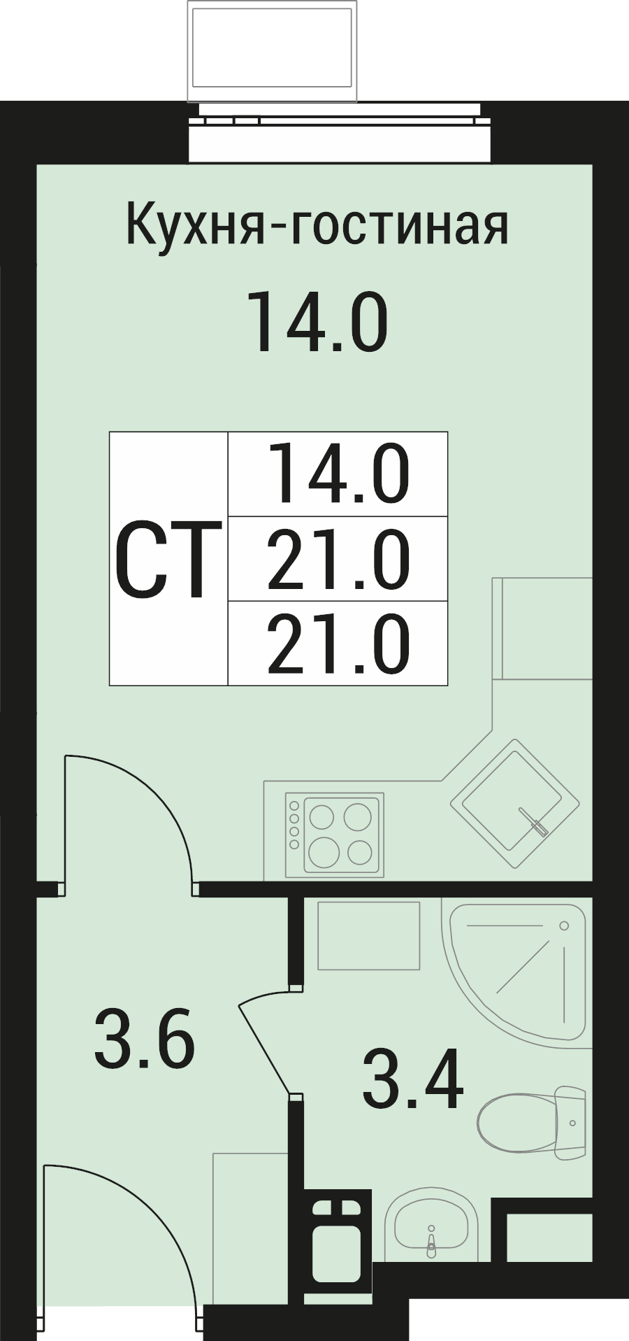 Студия 21 м²