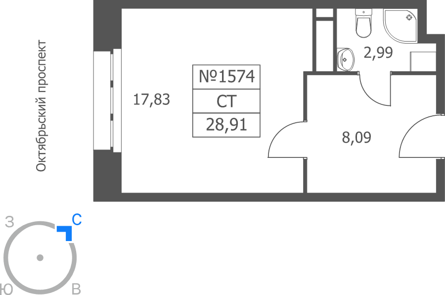 Студия 28,9 м²