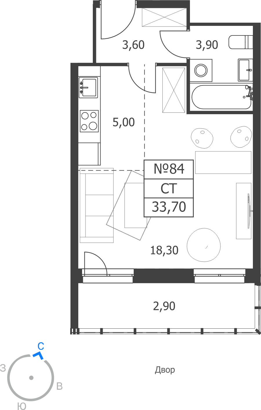 Студия 33,7 м²