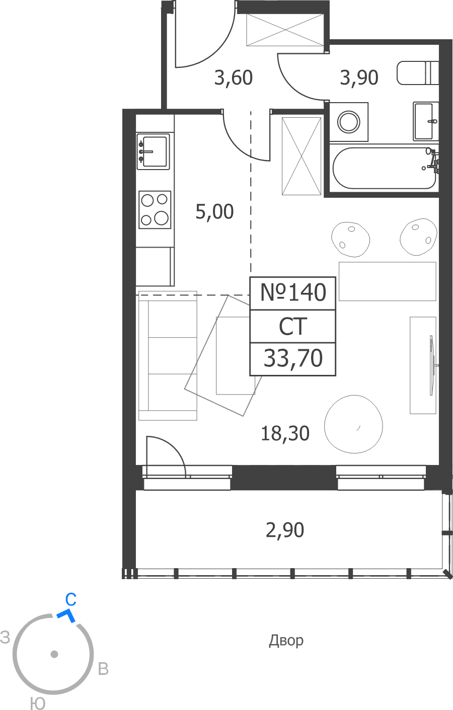 Студия 33,7 м²