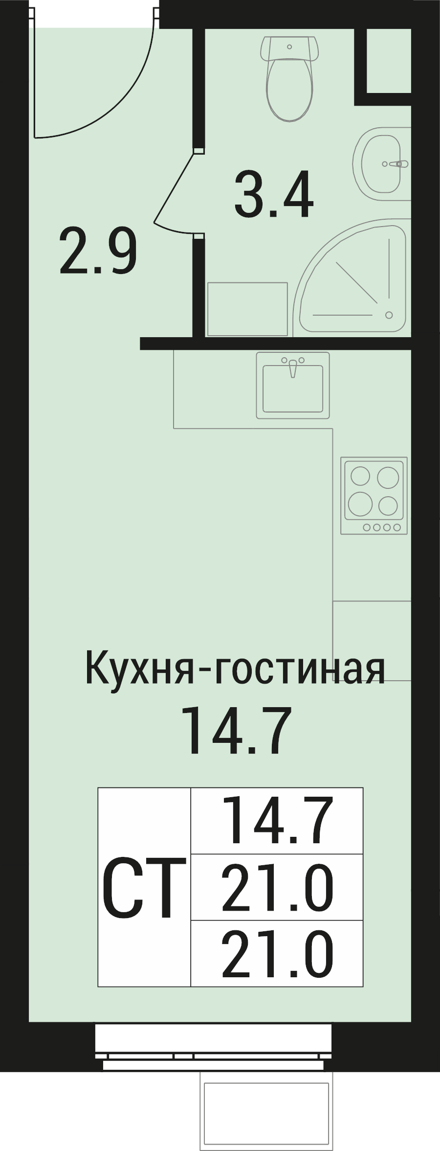 Студия 21 м²