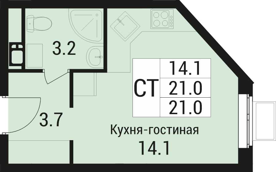 Студия 21 м²