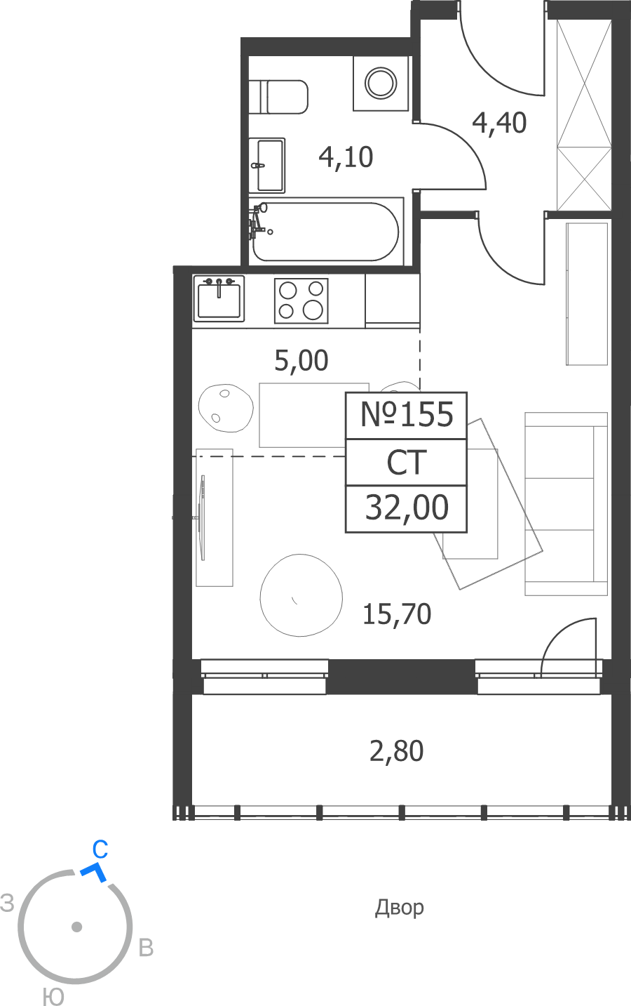Студия 32 м²