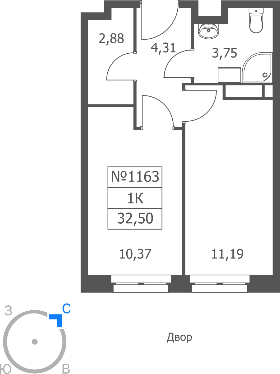 1 ккв 32,5 м²