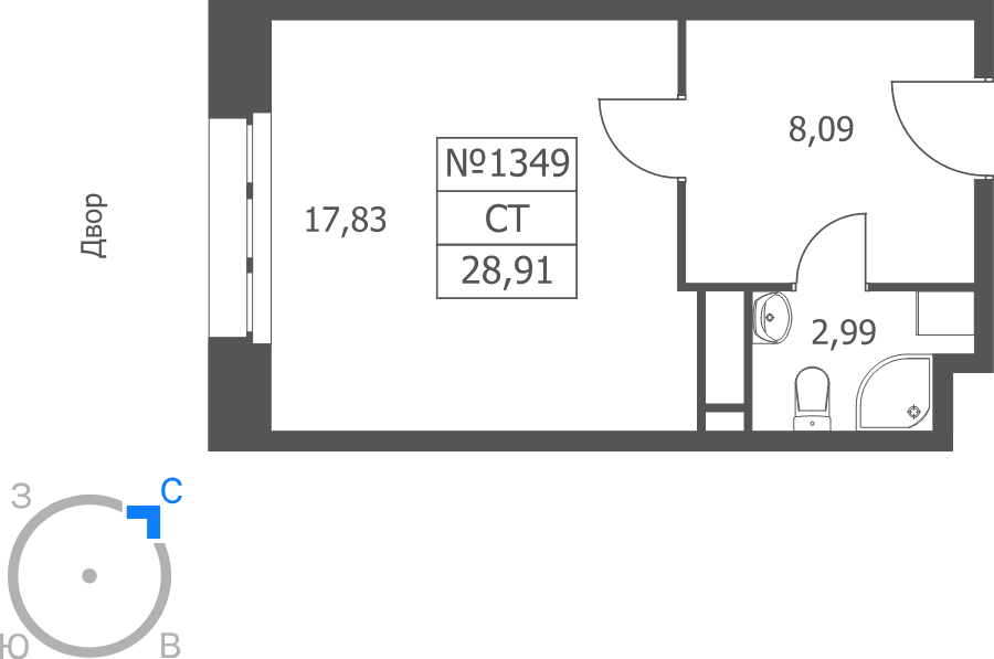 Студия 28,9 м²