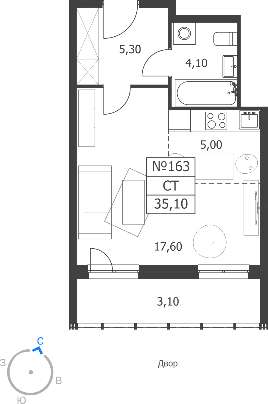 Студия 35,1 м²