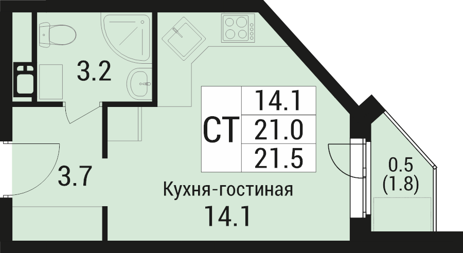 Студия 21,5 м²