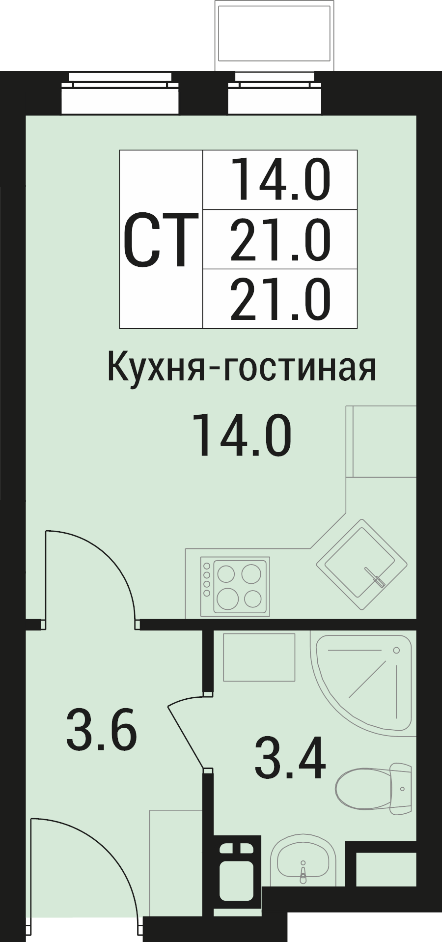 Студия 21 м²