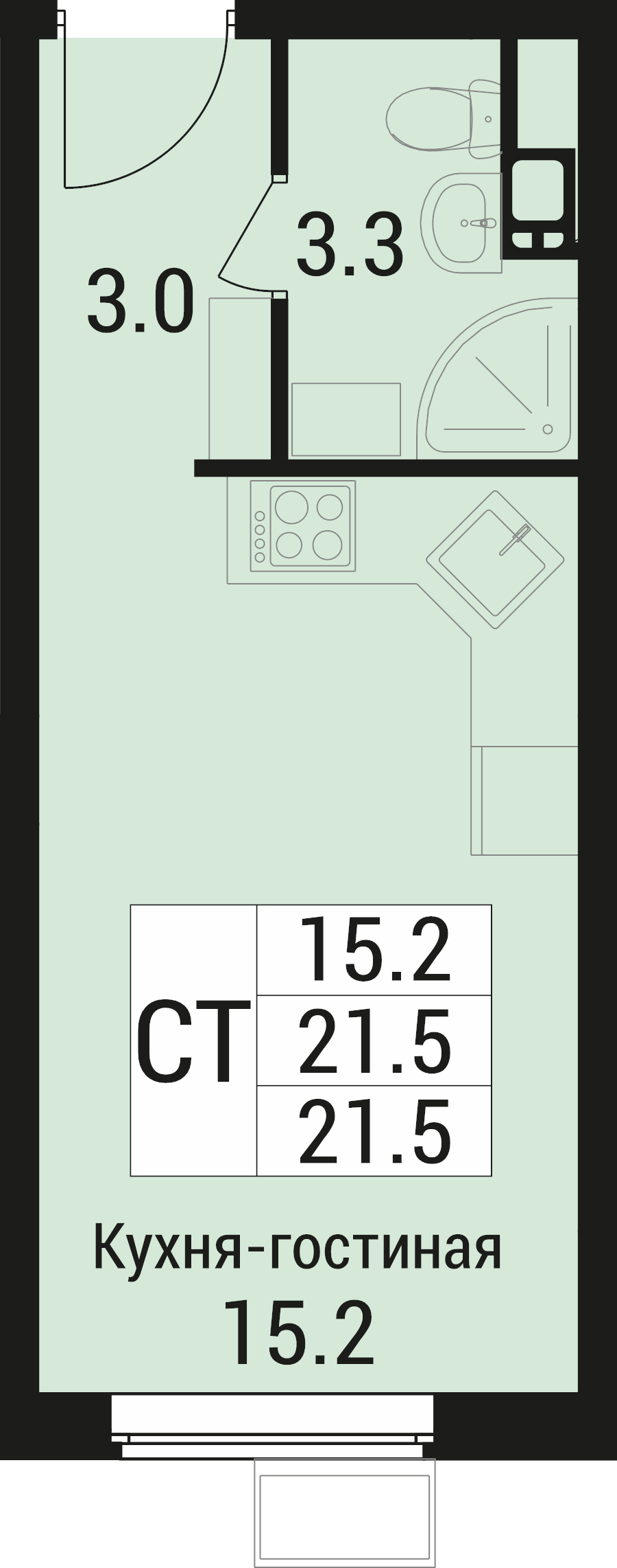 Студия 21,5 м²