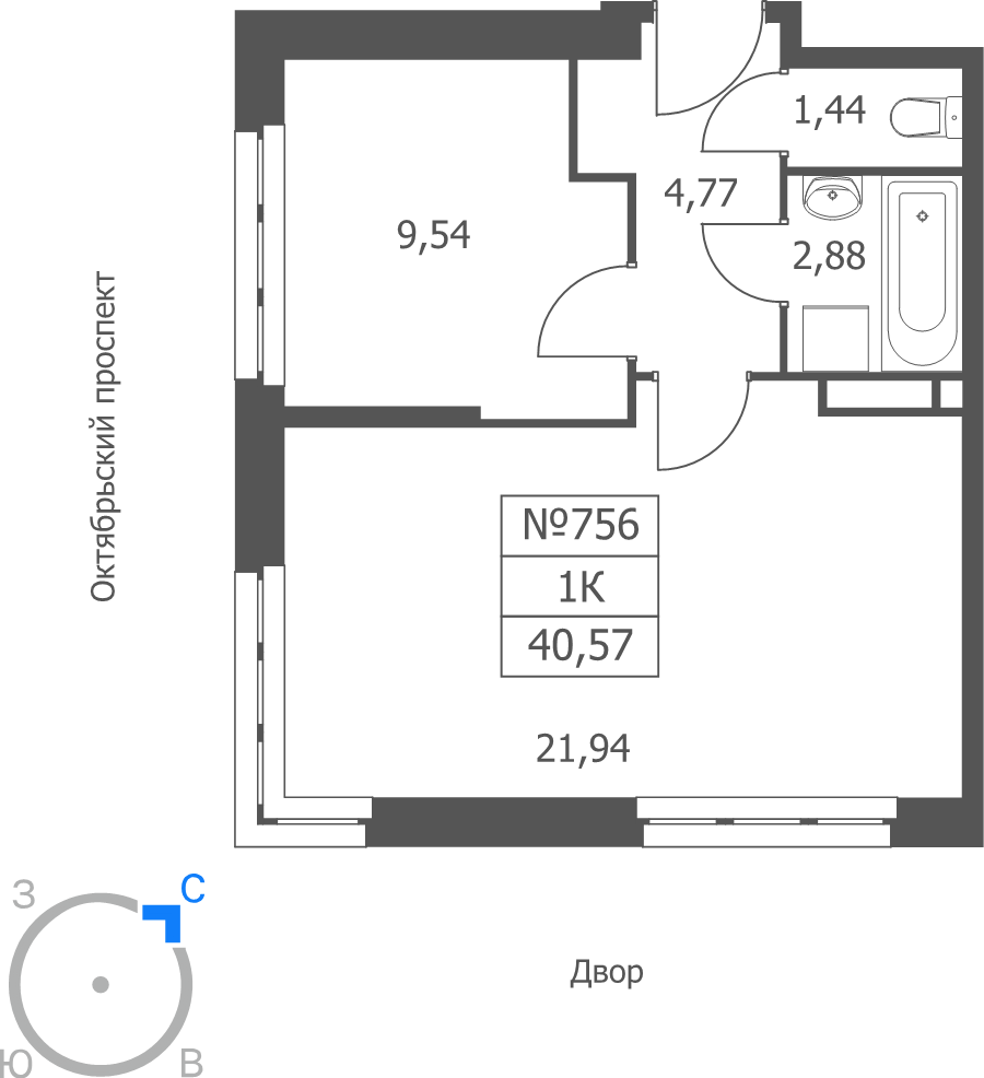 2 ккв (Евро) 40,6 м²