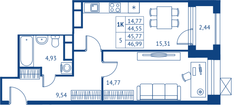 2 ккв (Евро) 44,6 м²