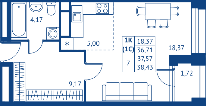 Студия 36,7 м²