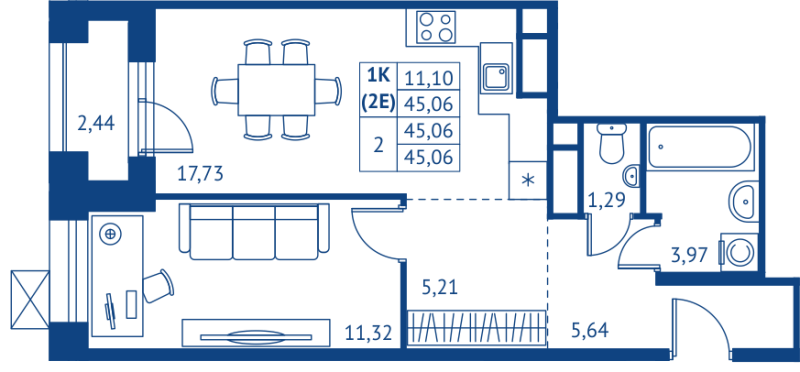 2 ккв (Евро) 45,2 м²