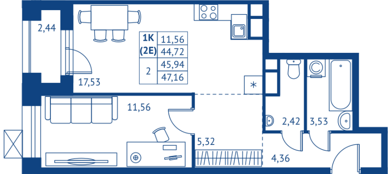 2 ккв (Евро) 44,7 м²