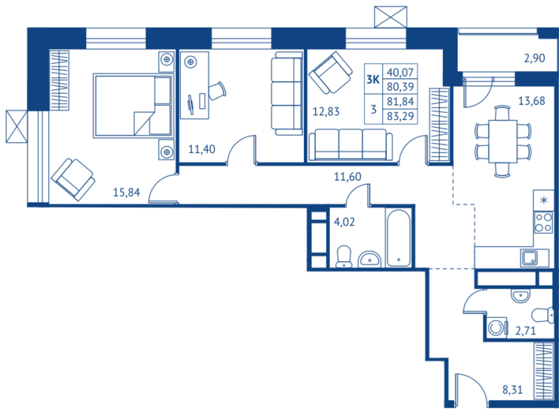 3 ккв 80,4 м²