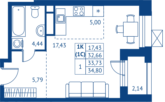 Студия 32,7 м²