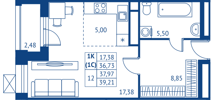 Студия 36,7 м²