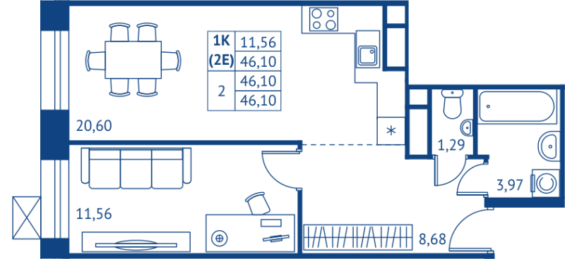2 ккв (Евро) 46,1 м²