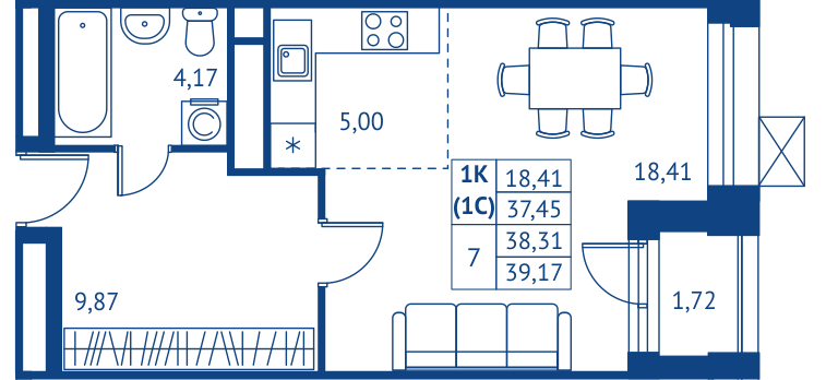 Студия 37,5 м²