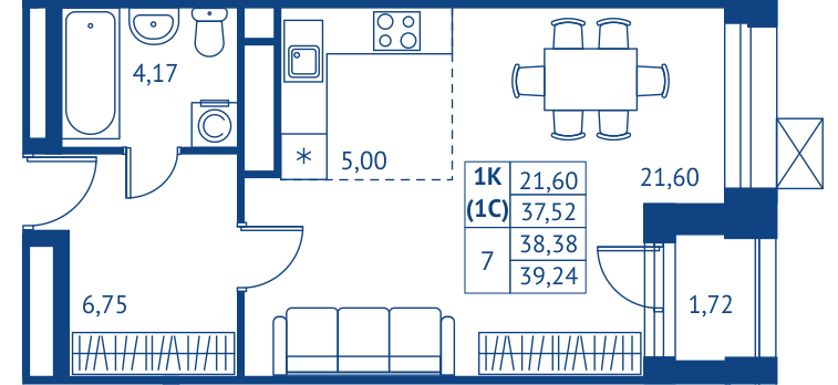 Студия 37,5 м²