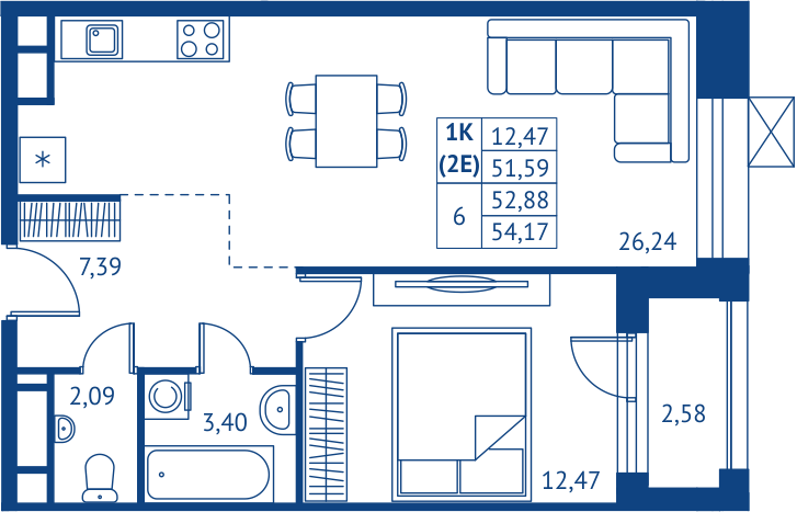 2 ккв (Евро) 51,6 м²