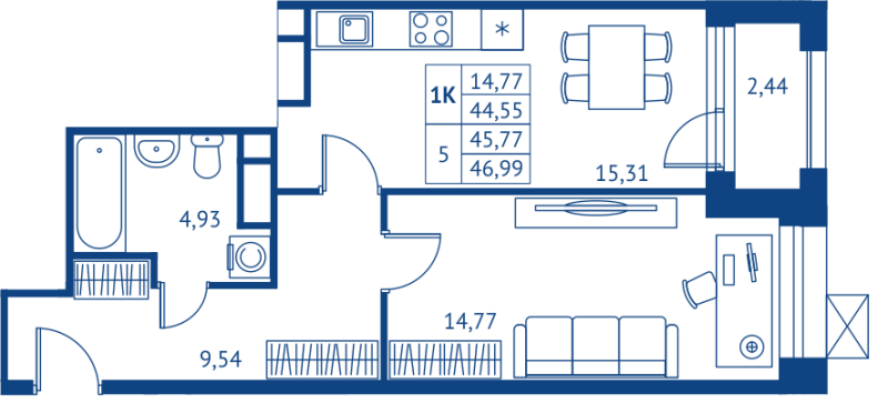 2 ккв (Евро) 44,6 м²