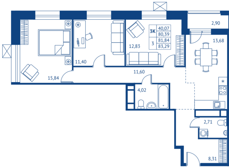 3 ккв 80,4 м²