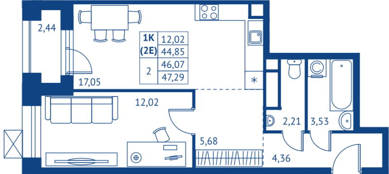 2 ккв (Евро) 44,9 м²
