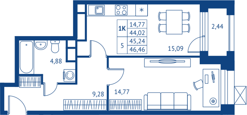 2 ккв (Евро) 44 м²
