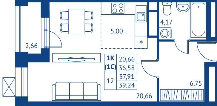 Студия 36,6 м²